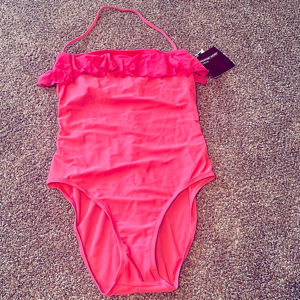 NWT Sunstreak by Newport News 1 Piece Hot Pink Ruffled swimsuit Sz 8